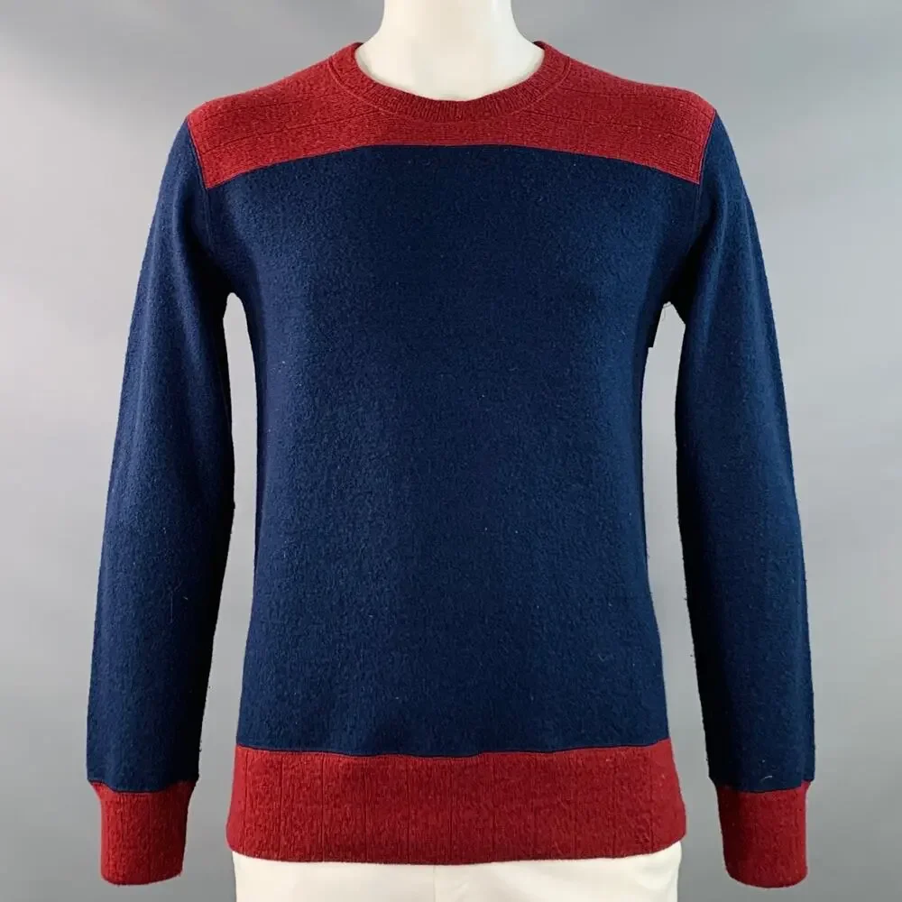 VISVIM Size L Navy Burgundy Color Block Wool Crew Neck Sweater